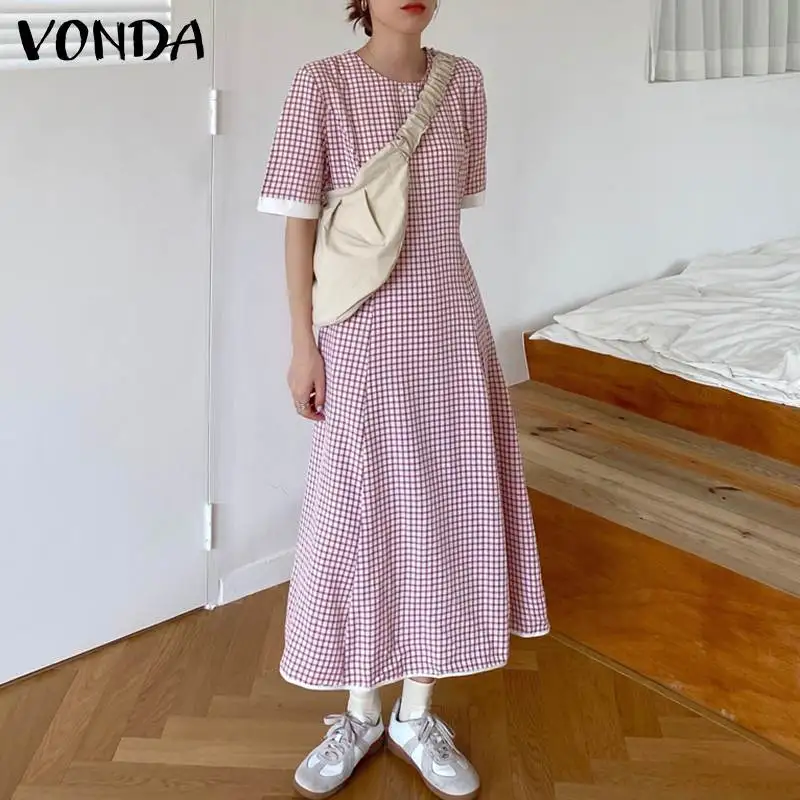

VONDA Elegant Women Holiday Vestidos Oversized Female Spring Fashion Plaid Party Long Sundress Casual Short Sleeve A-Line Dress
