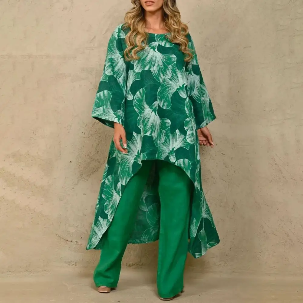 

Женская одежда из 2 предметов с длинным рукавом и цветочным принтом, Женская весенне-Летняя Повседневная блузка и брюки, комплект из 2 предметов, уличная одежда с разрезом на пуговицах