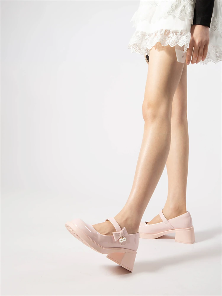 

Туфли Мэри Джейн из натуральной лакированной кожи на толстом высоком каблуке 6 см, женские туфли с жемчужной пряжкой, новинка, модная женская обувь