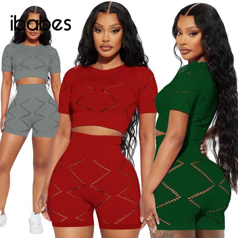 

Fitness Women Two Piece Set Solid Hollow Out Tracksuit 2023 Summer Clothes Crop Tops Biker Shorts Matching Sets Y2K Jogging Set