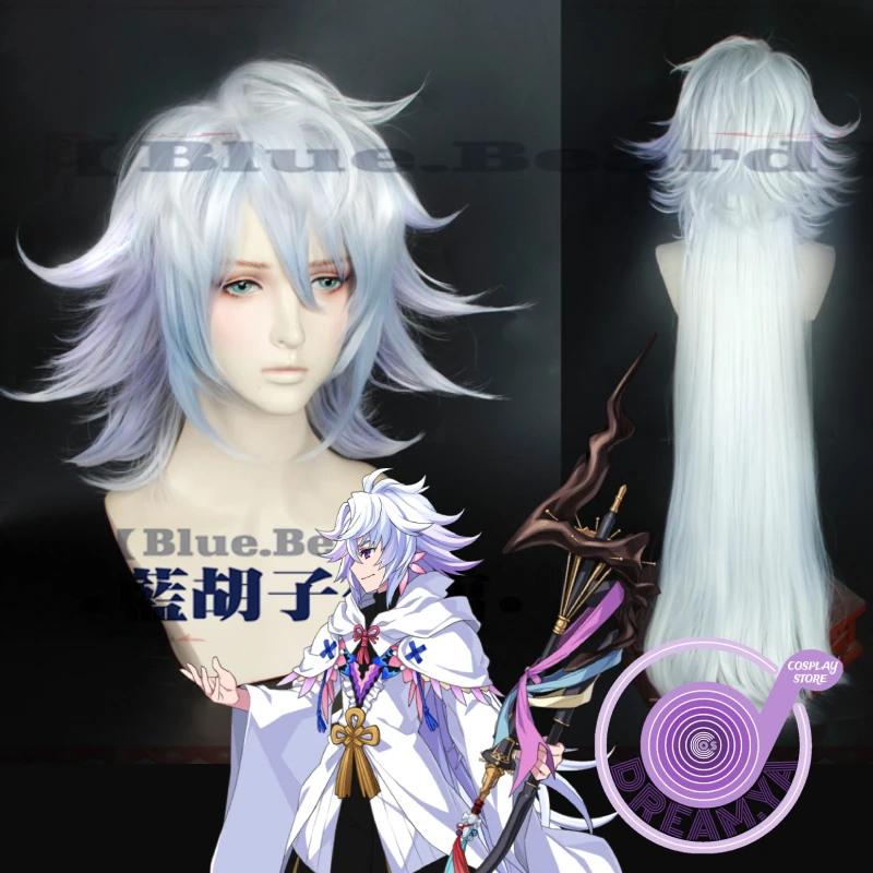 Merlin Cosplay Wig FGO Silver Purple Blue Mixed 100cm Synthetic Hair Heat Resistant Halloween Role Play Party Carnival + Wig Cap