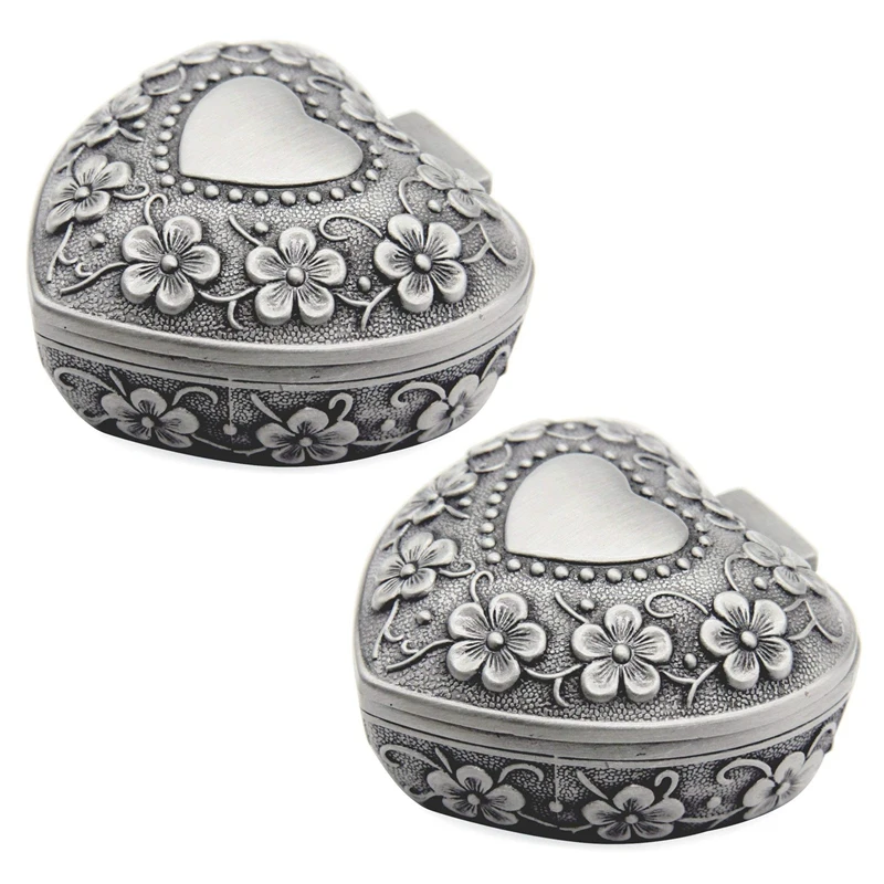

2X Classic Vintage Antique Heart Shape Jewelry Box Ring Small Trinket Storage Organizer Chest Christmas Gift,Silver