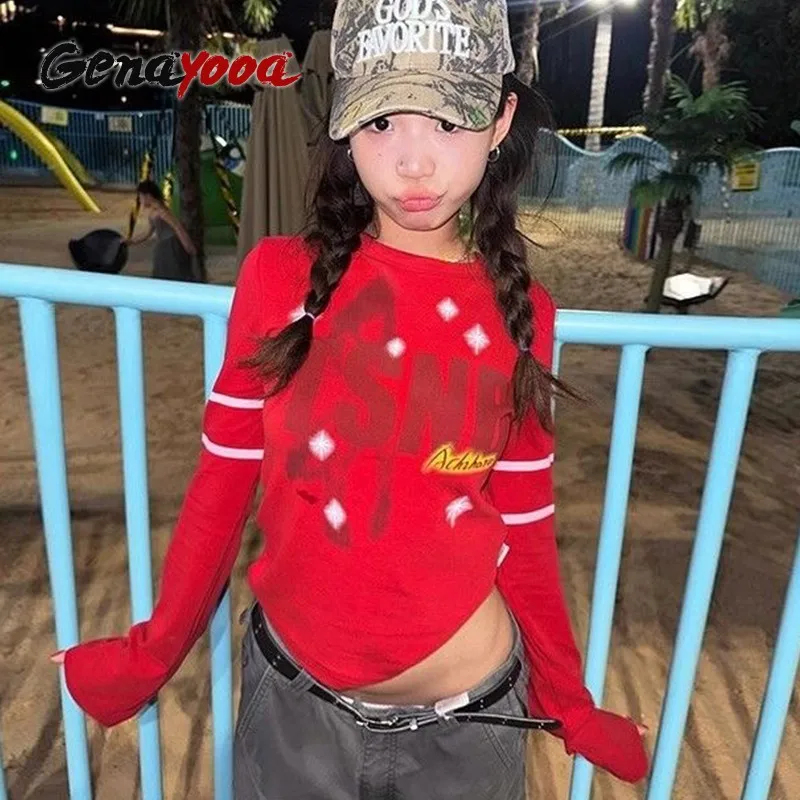 Genayooa Harajuku футболка с принтом женская длинным рукавом Y2k винтажные топы