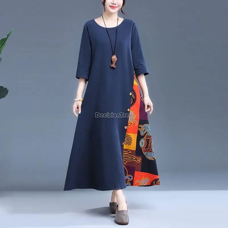 

2023 cotton and linen dress women summer new seven-quarter sleeve round collar ethnic style splicing design plus-size dress s566