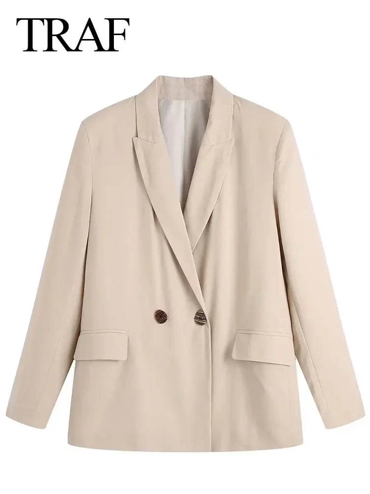 

TRAF Office Commuter Blazer Temperament Jacket Double-breasted Solid Color Camel Flap Long-sleeved Spring And Autumn Clothing