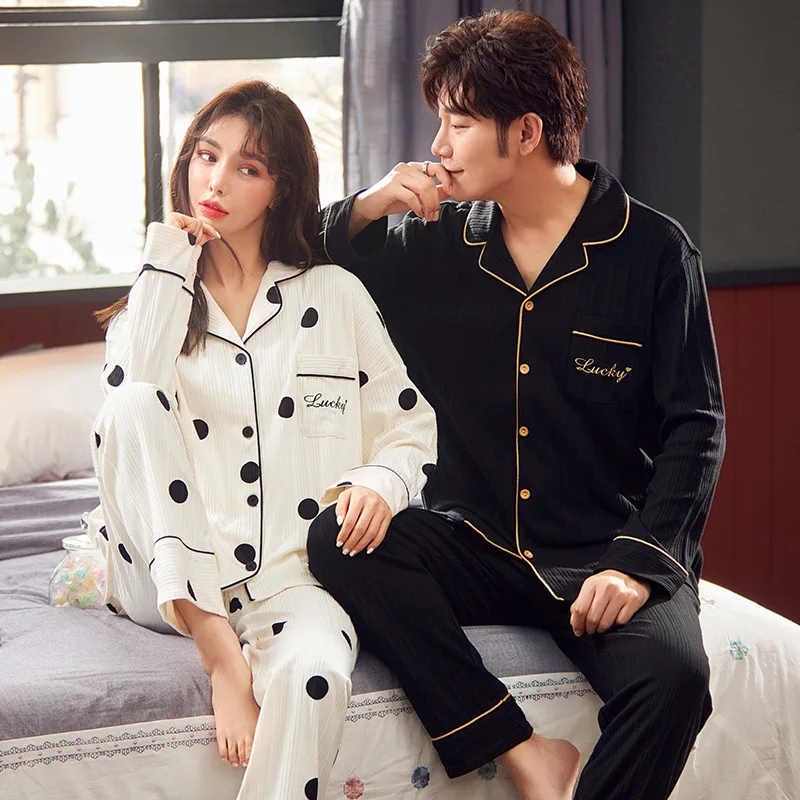 The spring and autumn period and the couple pajamas cotton long sleeve men and women big yards female household to qiu dong