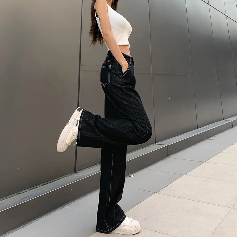 Women Fashion Big Pocket Baggy Trousers Pantalones Cargo Jeans Female Fall Vintage High Waist Black Jeans Y2k Straight Leg Pants