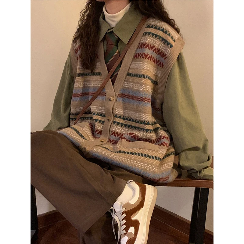 Женский винтажный свитер в полоску жилет стиле Харадзюку вязаный кардиган