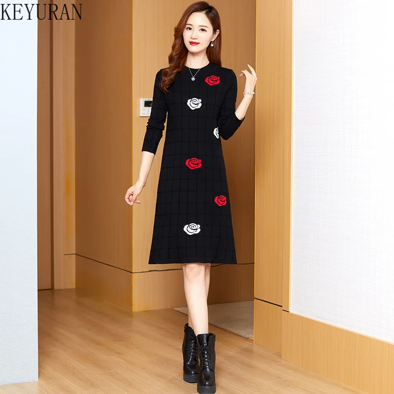 

Vintage Floral Jacquard Sweater Dress Women 2022 Autumn Winter Elegant Full Sleeve Warm Loose Woman Knee-length Knitted Dresses