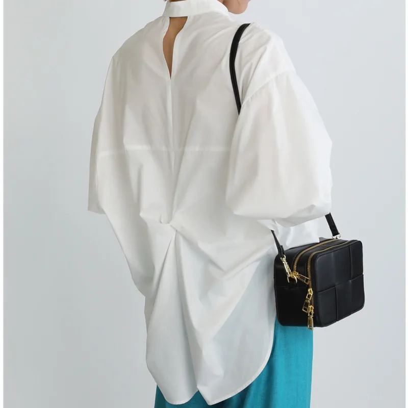 

Новинка Осень 2022, рубашка в японском стиле с открытой спиной и длинным рукавом, плиссированная, с воротником-стойкой, женская блузка