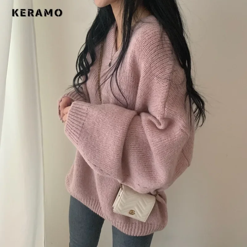 Женский винтажный вязаный пуловер с длинным рукавом повседневный Однотонный