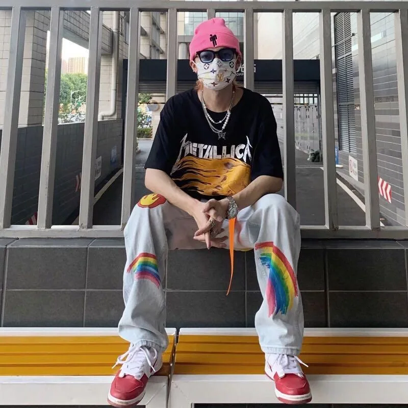 2022 Jeans Rainbow Graffiti Print Washed Jeans Men's Tide Brand Wide-leg Straight-leg Loose All-match Hip-hop Street Trousers