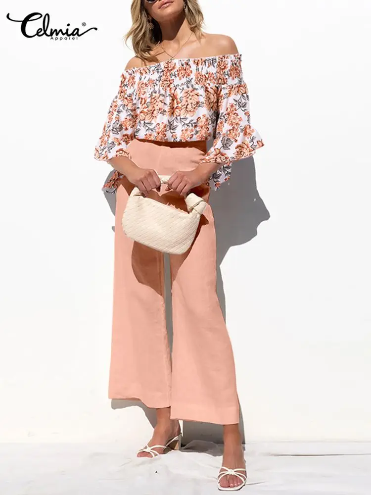 

Celmia Women Elegant Floral Print Off Shoulder Top and Solid Color Pant Casual Loose Holiday Summer Pleats 2 pcs Sets Pant Sets
