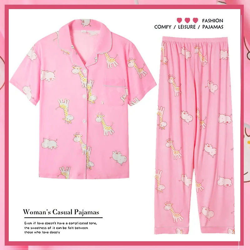New Sale Women Home Wear 2022 Spring Summer Short Sleeved Women Pajamas Set Long Pant Pyjamas Sets Cotton Leisure Sleepwear Set