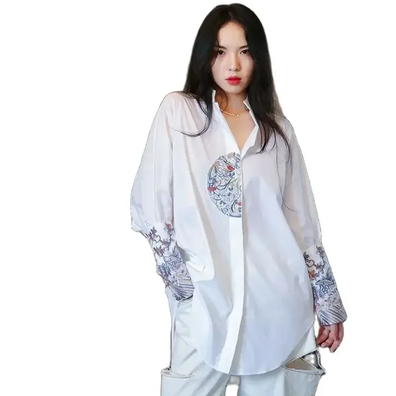 Рубашка женская средней длины модный свободный тонкий кардиган с вышивкой