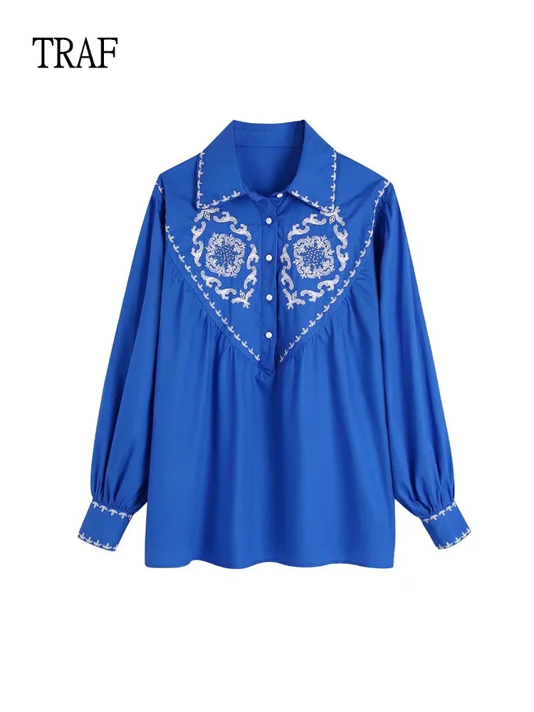 

Рубашка TRAF женская с вышивкой, винтажная блузка с контрастными пуговицами, свободная элегантная одежда с длинным рукавом, лето 2022