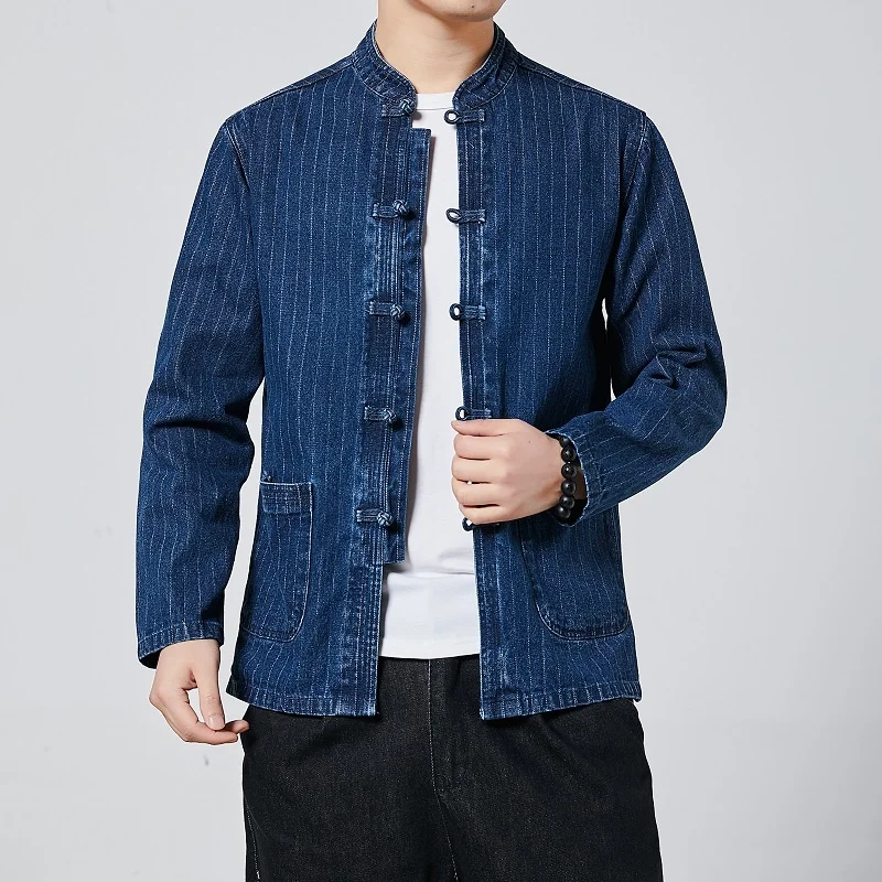 Chinese Style Plus Size Denim Jacket Loose Striped Tang Suit Retro Coats Casual Thin Top Men Clothing Fashion Oversized Hanfu