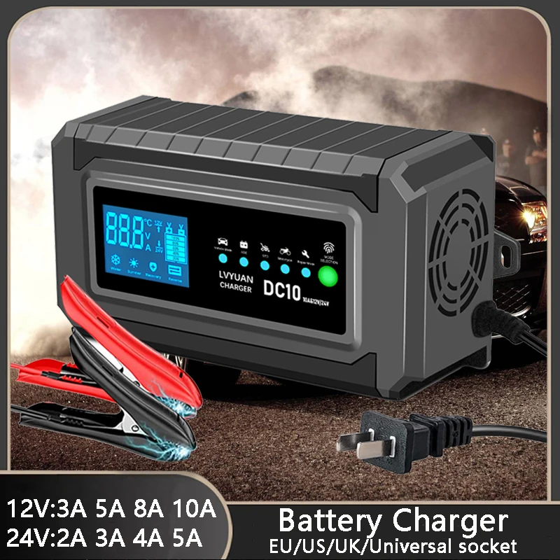 

12V/24V 10A Full Automatic Battery Charger Digital Voltage LCD Display Car Charger Power Pulse Repair GEL Lead-Acid Chargers