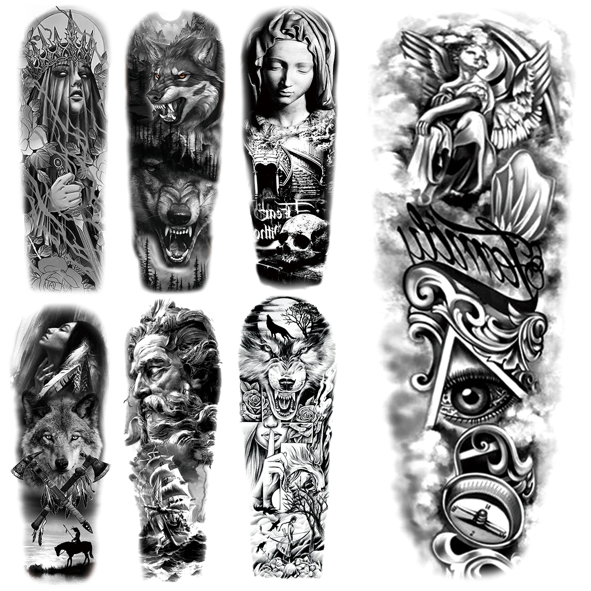 

Arm Sleeve Temporary Tattoos For Women Adults Realistic Wolf Skull Crown Forest Pirate Ship Fake Tattoo Sticker Arm Tatoos DIY