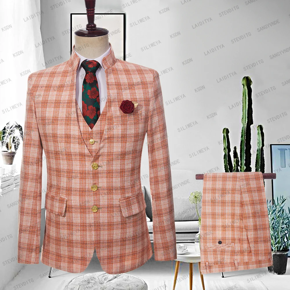 

Suits for Men Luxury Blazer Orange Plaid Retro Jacket Pants Two Pcs Stand Lapel Linen Casual Business Slim Fit Custom Made 2023