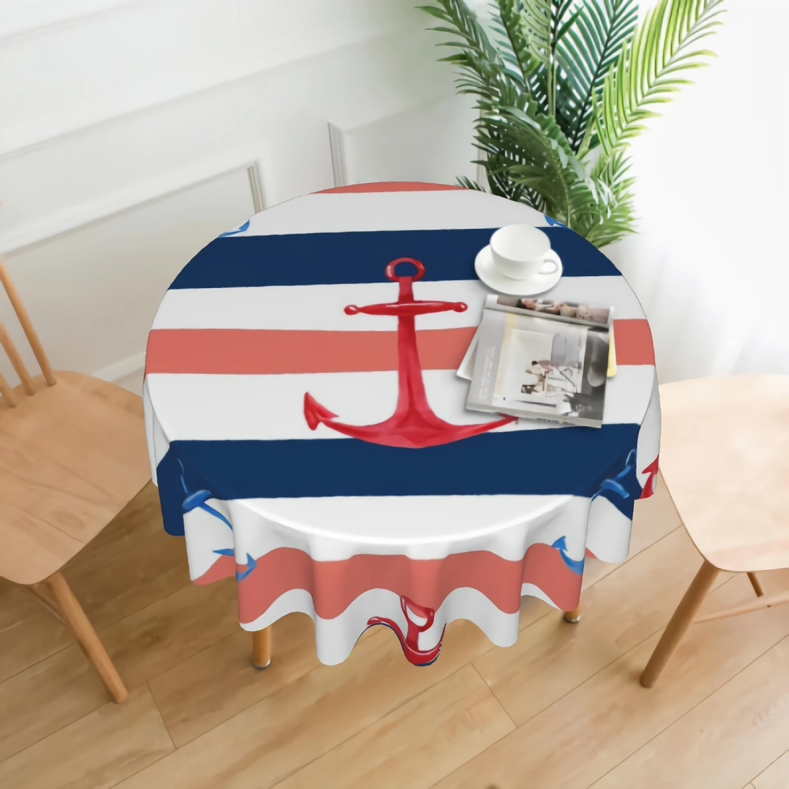 

Чехол для круглого стола с морским рисунком и простым милым якорем, покрытие для стола из полиэстера с защитой от морщин, проволочное вечерн...