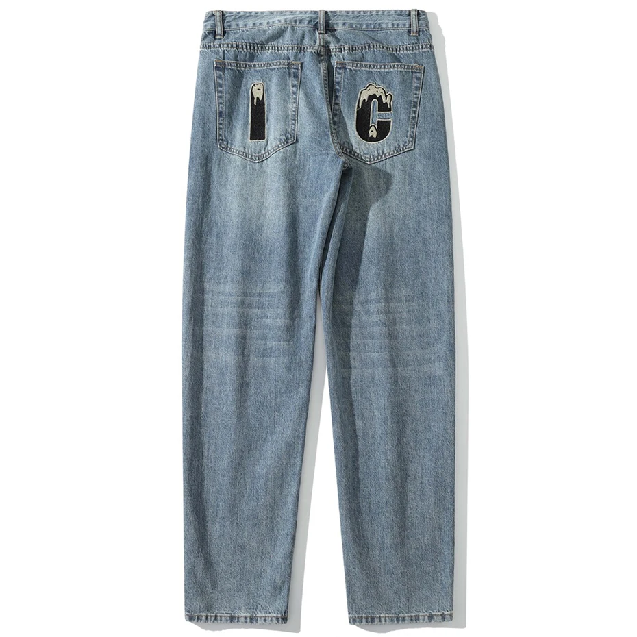 Dog Print Jeans Men Fashion Streetwear Harajuku Denim Pants Black Blue Casual Loose Straight Jeans for Man