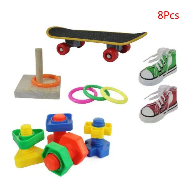 

8 Pcs Parrot Training Chew Toys Mini Sneaker Skateboard Intelligence Training Rings Set Parakeet Cockatiel Entertainment