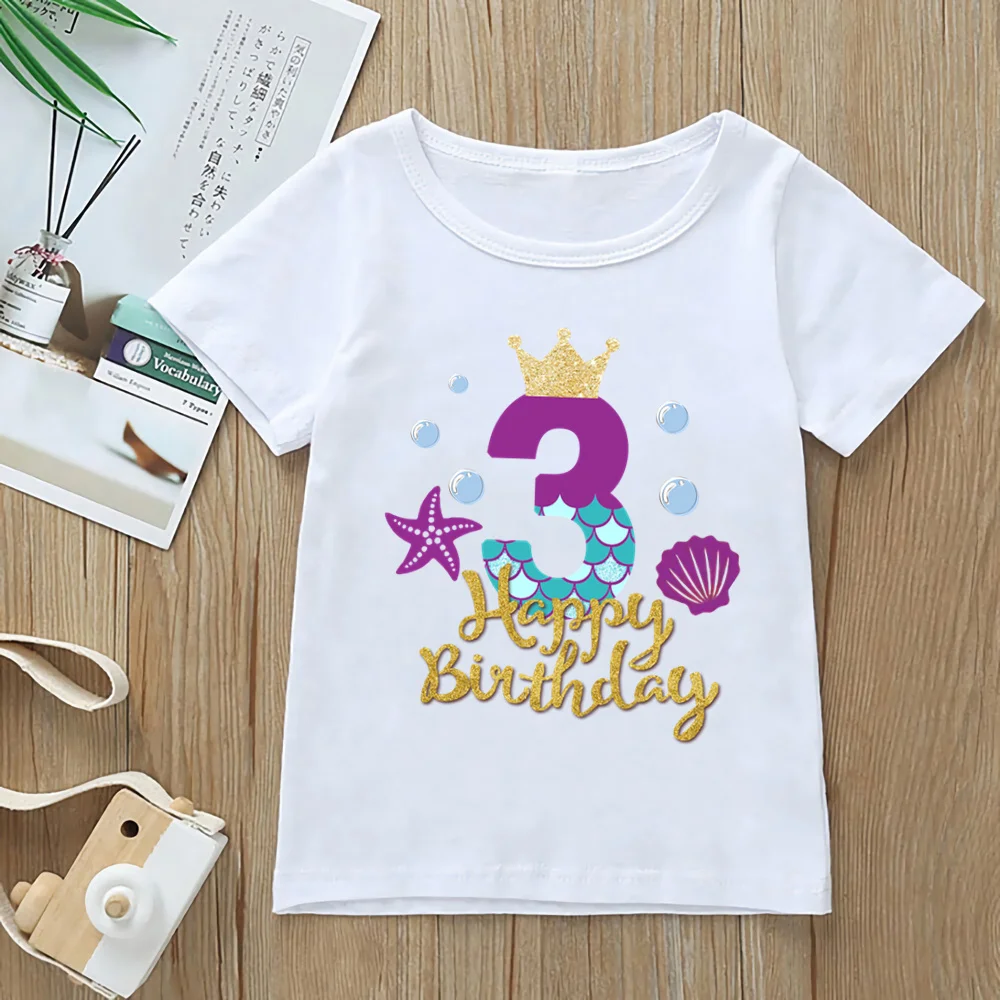 

Cute Mermaid Graphic Print T-shirt Age 2-9 Birthday Girl Princess Tshirt Children'S Clothing Harajuku Kawaii Clothes Tops