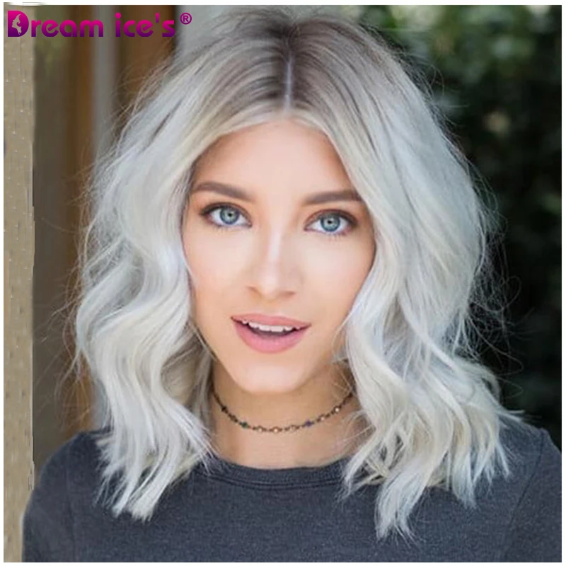 

Short Silver Grey Bob Synthetic WigS With Dark Root For Black Women Natural Wavy Layered Hair Heat Resistant Cosplay Female Wigs