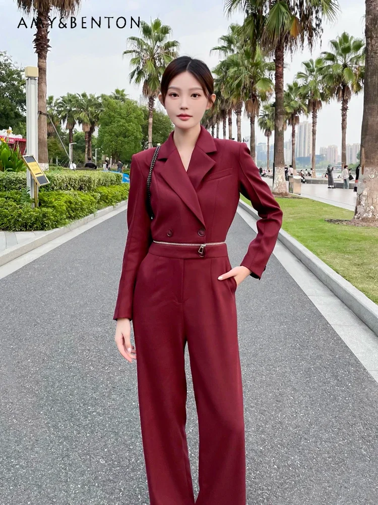 Офисный женский красный костюм с высокой талией осенне-зимний новый пригородный