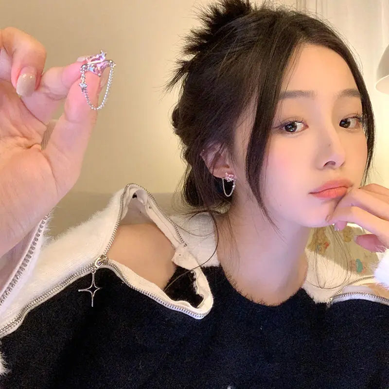 

Pink Heart Zirconia Tassel Chain Earrings for Women Jewelry Woman Young Girls New in Earring Festival Accessories Y2k Gift Stud