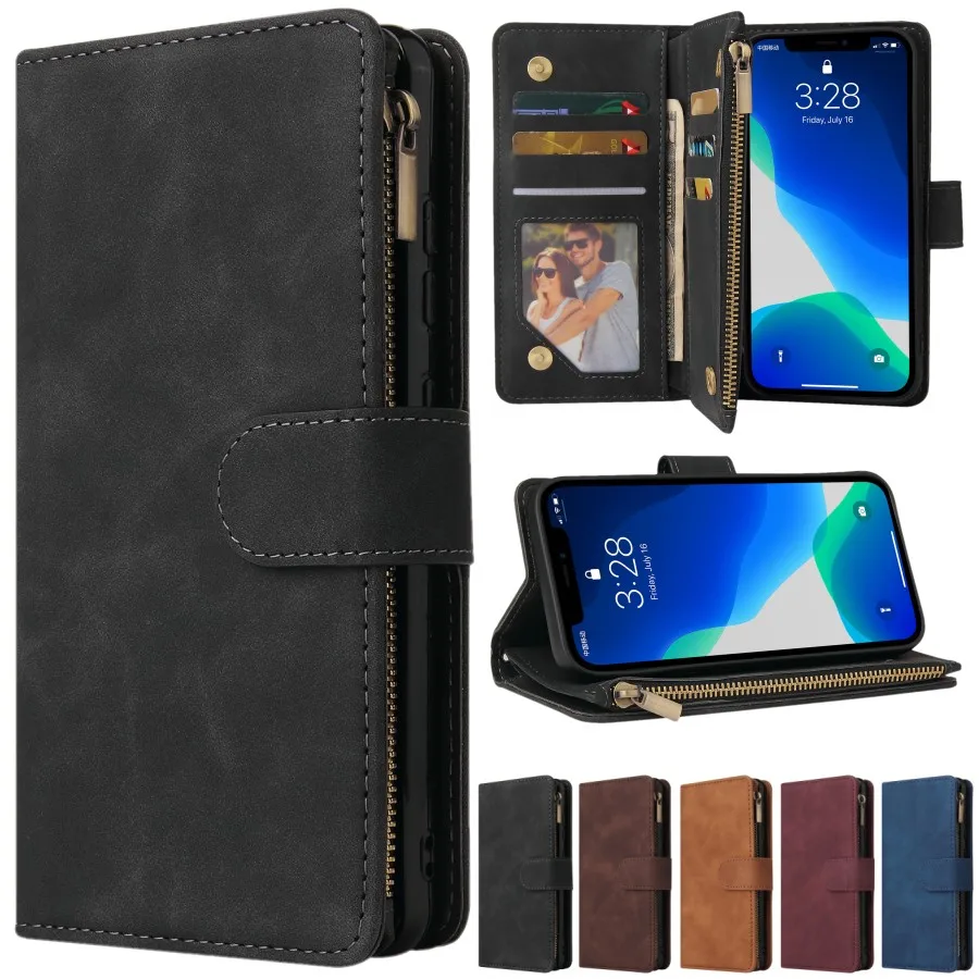

RYWER Slots Case Multi Card for iPhone 13 12 11 Pro Max Wallet Case Zipper Flip Leather Cover For iPhone 6S 7 8 Plus X XS Max XR