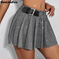 onelinefox sequin womens pleated skirt midi elegant high waist summer solid streetwear y2k skirts with belt clothes