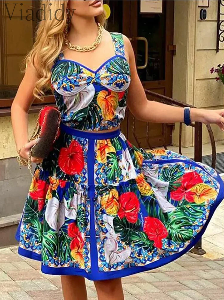 

Women Summer Print Tank Top and High Waist Big Swing Midi Skirt 2pcs Set