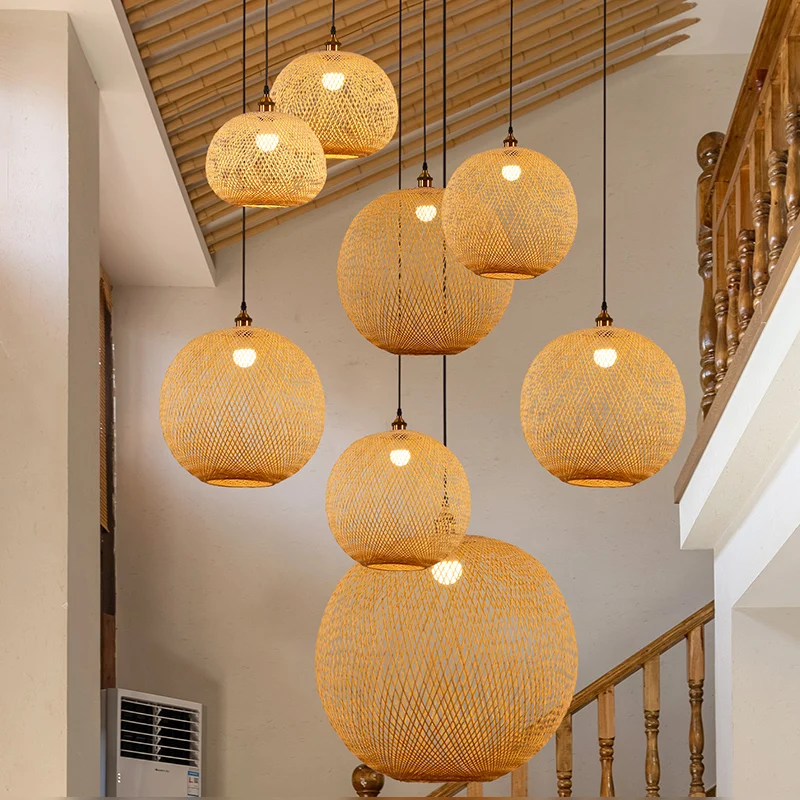 bamboo weaving spherical staircase pendant lights kitchen bedroom Hotel Garden Home Decor E27 Lighting Fixtures