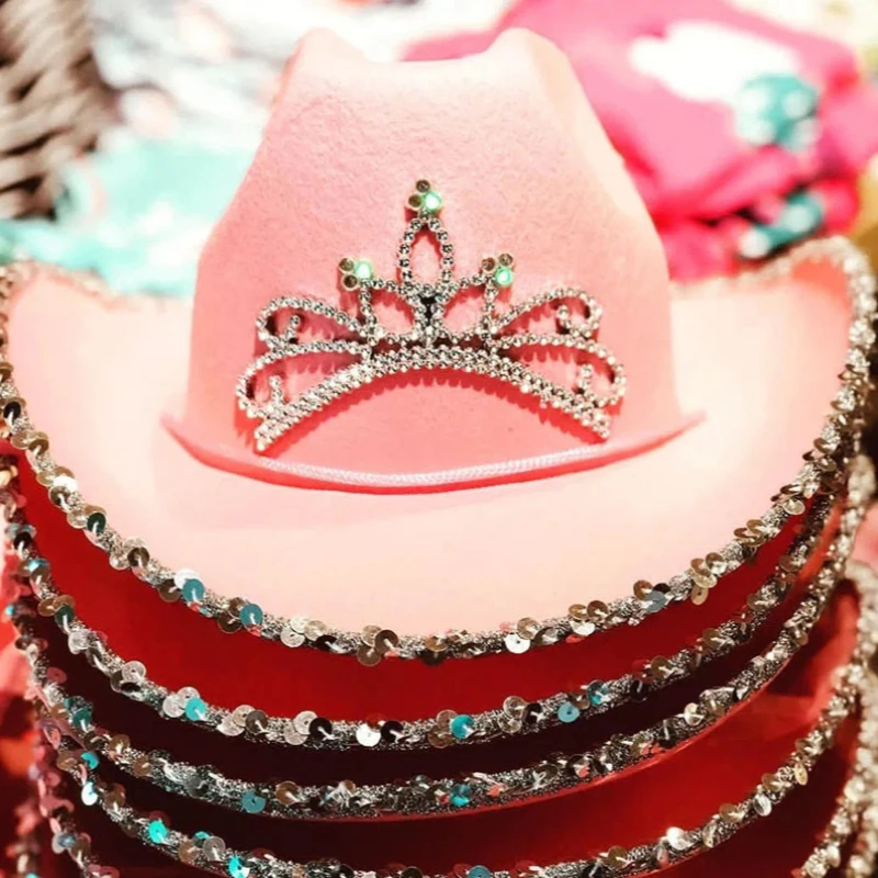 

Western Cowboy Caps Pink Cowgirl Hat for Women Girl Tiara Cowgirl Hat Holiday Costume Party Hat Feather Edge Fedora Cap