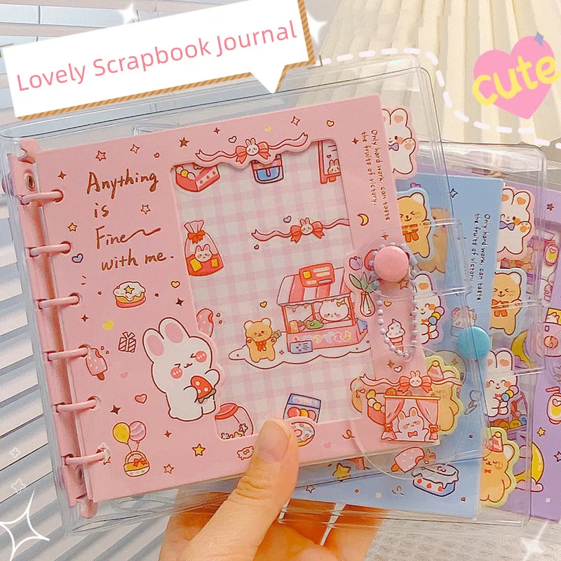 Cute Cartoon Notebook Kawaii Lovely Bunny Bear Transparent Cover Diary 6 Ring Loose Leaf Square Scrapbook Journal Student Supply