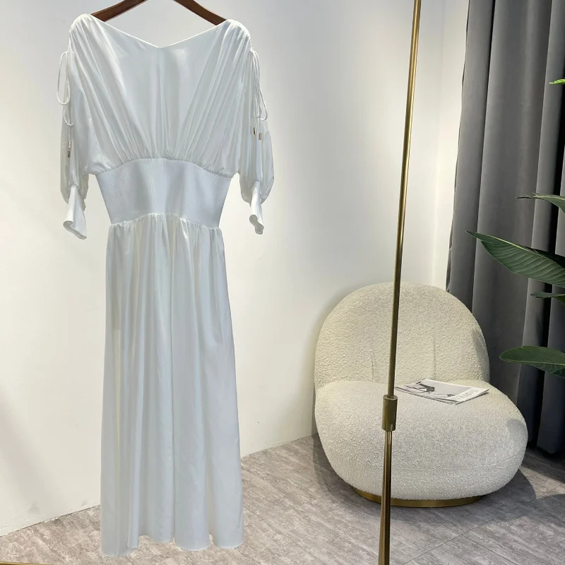 

Elegant Ladies 2022 Summer Top Quality Cotton Silk Shoulder Stretchable Batwing Sleeve White Black Midi Dress with belted Women