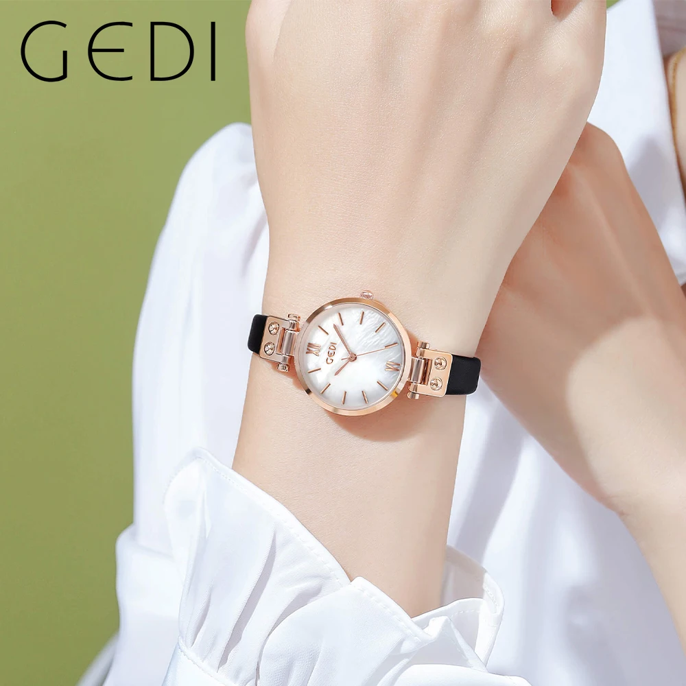 GEDI Fashion Quartz Watches for Women, Fritillary Dial Leather Strap 30m Waterproof Watch Woman Casual Elegant Ladies Clock Gift