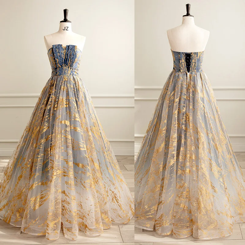 

Evening Dress Blue Ruched A-Line Sleeveless Tulle Floor-Length Lace Up Strapless Sequins New Party Formal Dresses Woman B2771