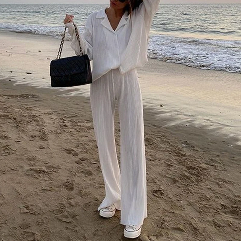 

Women Elegant Pleated Two Piece Set Loose Long Sleeve Blouses And High Waist Wide Leg Pants Suit Female Casual Outfits