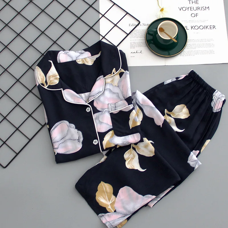 Pure Cotton Cotton Silk Viscose Pajamas Set Ladies Summer Long Sleeve Pants Sweet Homewear Two Piece Set Pyjama