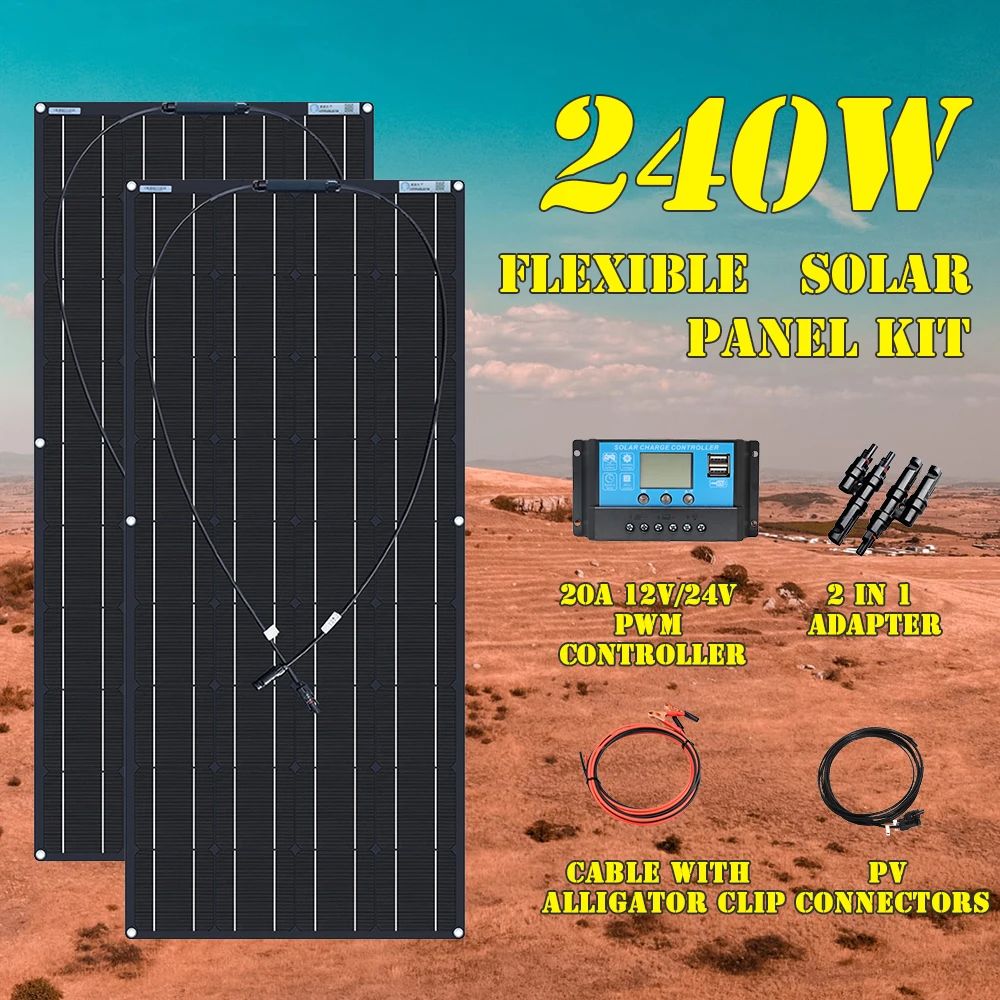 

Flexible Solar Panel 240W 360w 12V Kits Charge Controller Extension Cable for Battery RV Trailer Boat Cabin Caravan Truck