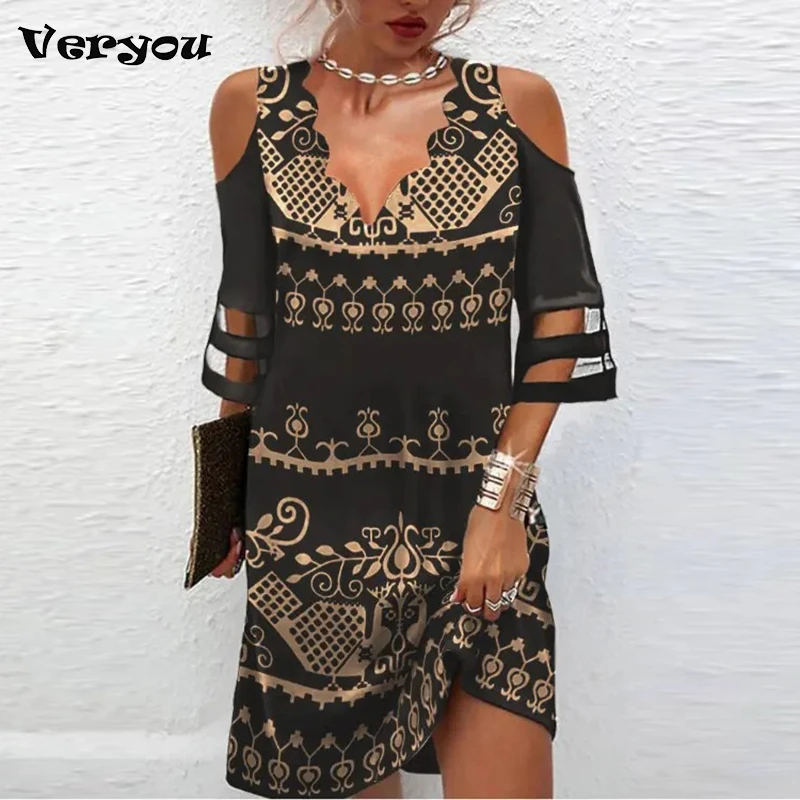 

2022 Summer Woman Vintage Tribal Print Contrast Mesh V-Neck Cold Shoulder Casual Half Sleeve Mini Boho Vacation Dresses