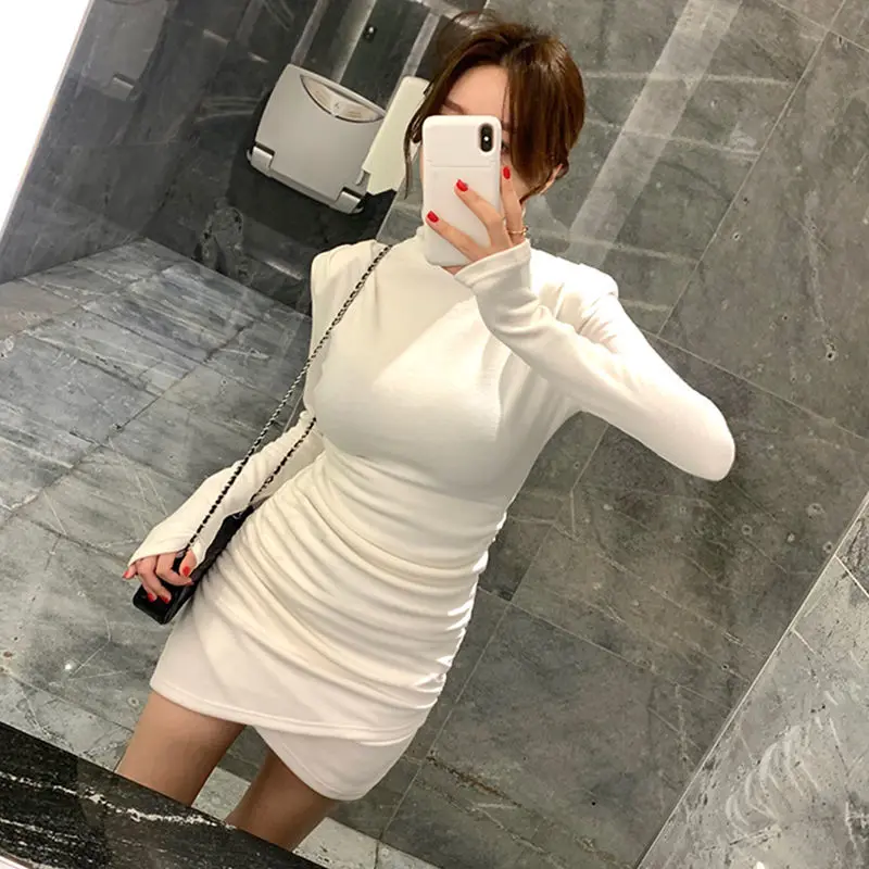 

2022 Spring Autumn Shirt Dress Chic Folds Turtleneck Women Dresses Korean Fashion White 원피스 Basic Match Casual Vestidos Mujer