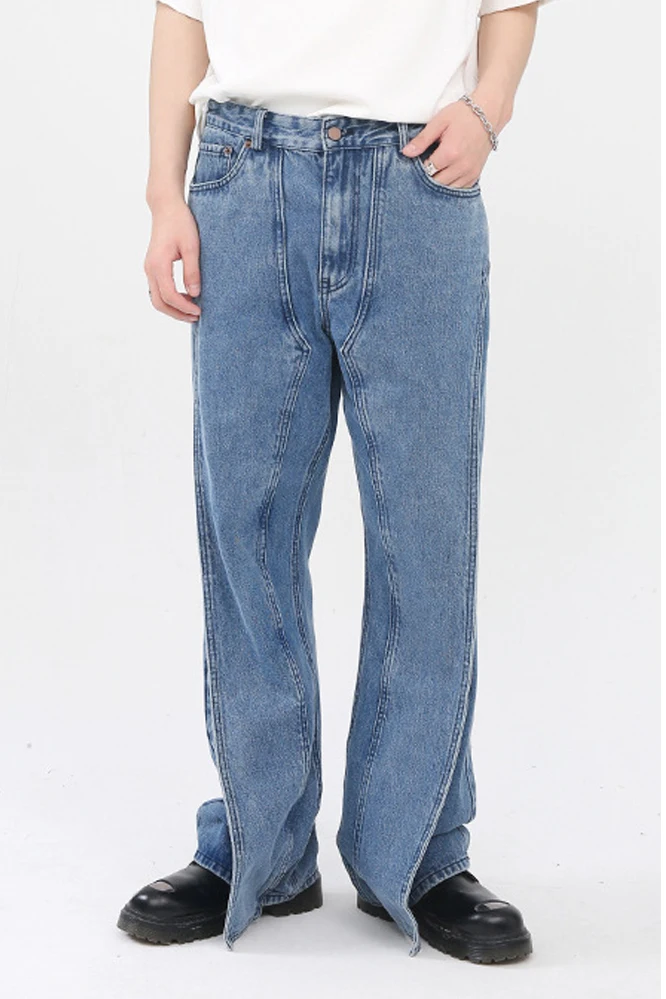 

Four Seasons Korean Version Fashion Stitching Design Loose Straight Personality Ins Casual Designer Jeans Men Clothing Y2k Pants