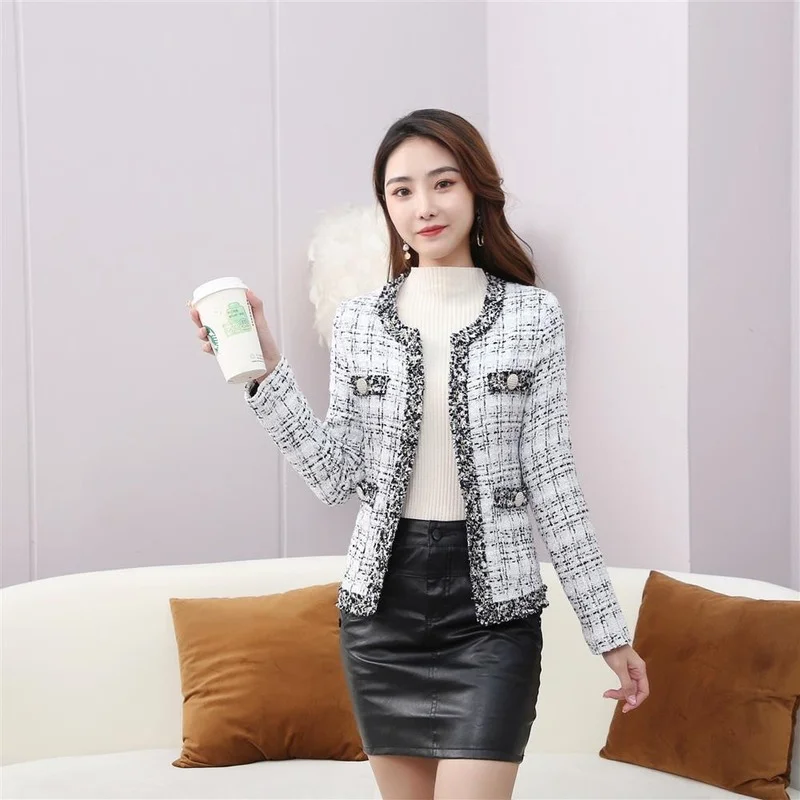 

Cropped Tweed Coat for Women Vintage O-Neck Open Stitch Tassel Slim Plaid Jacket Korean Blends Wool Outwear Tops Female E203