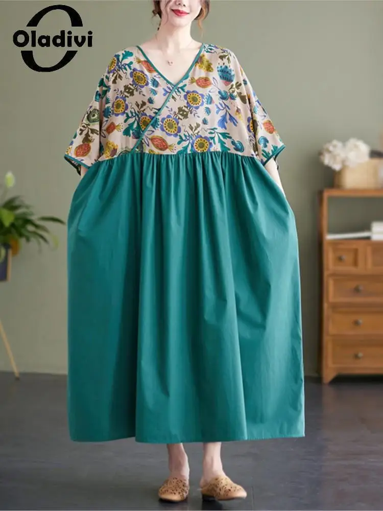 

Oladivi Fashion Print Short Sleeve Large Size Dresses for Women 2022 Summer New Casual Loose Oversize Bohemian Long Dresses 9152