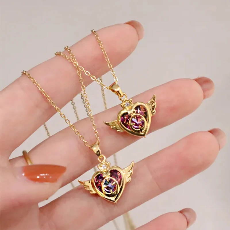

Anime Sailor Moon Crystal Pendant Necklace For Women Girls Cute Wing Heart Chocker Necklace Fashion Jewelry Party Cosplay Props