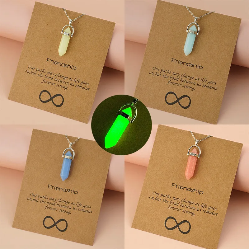 

Dark Luminous Stone Fluorescent Hexagonal Column Necklace Natural Crystal Glowing in Dark Bullet Stone Pendant Leather Necklace